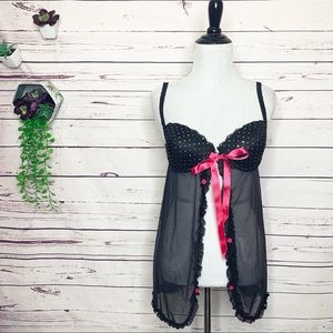 Inner Secret Black & Pink Sequin & Rosettes Teddy Lingerie Size Medium